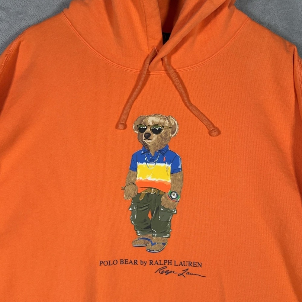 Polo Ralph Lauren Hoodie Mens XXL Orange Polo Bear Pullover Fleece Sweatshirt - Picture 2 of 9